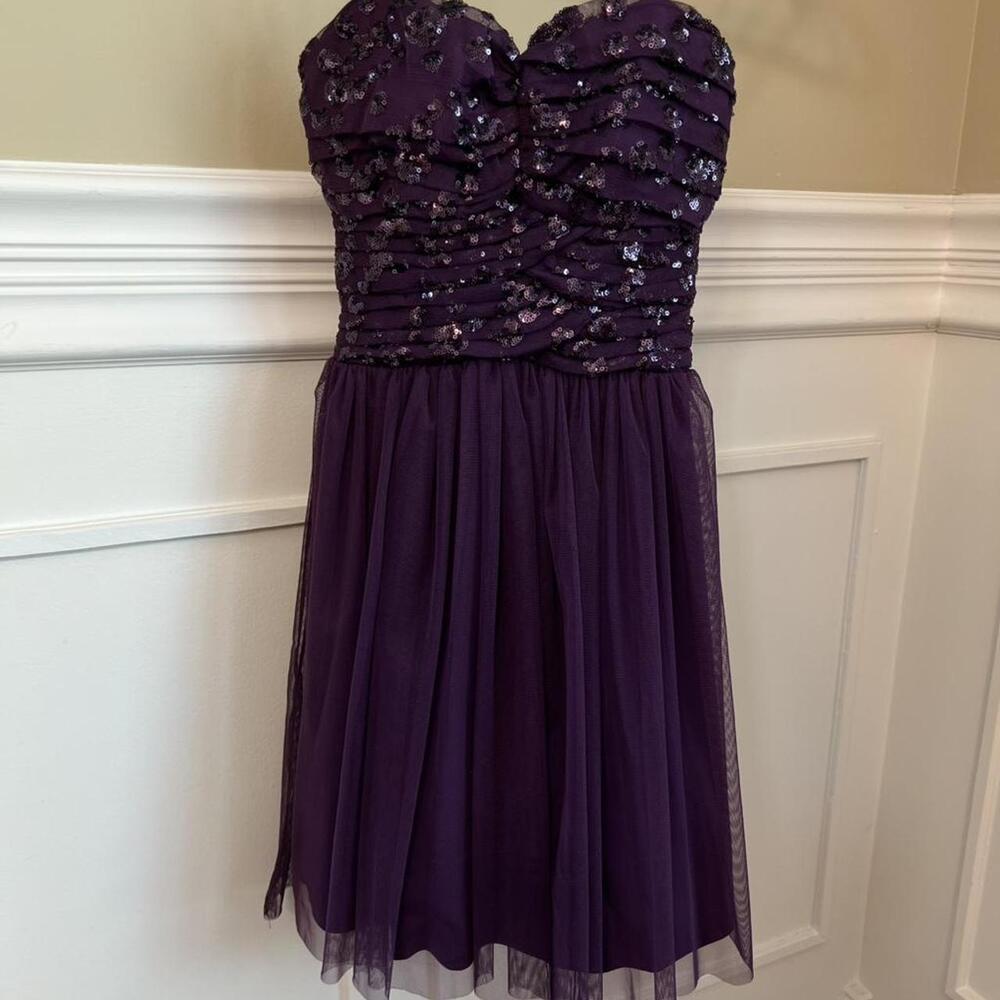 Delia's plum purple sequin strapless short dress with ruched bodice and tulle sk